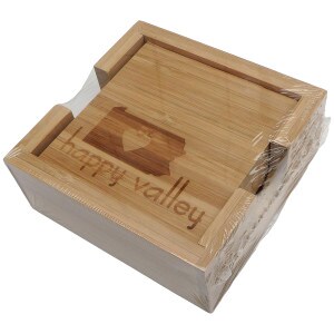 set of 4 bamboo coasters with PA state outline with heart and Happy Valley